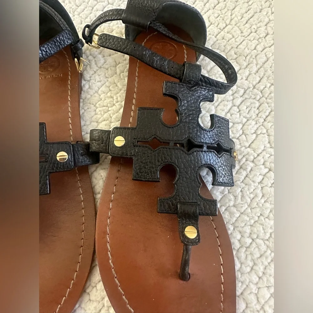 Tory Burch Black and Tan Leather Sandals - Picture 5 of 8